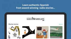 An illustrated image of the Jiveworld language learning platform open on a computer. It shows a variety of images representing stories from the Radio Ambulante podcast.