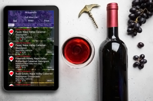 Image of Tablet showing digital wine list on a white table with wine glass, bottle, and corkscrew