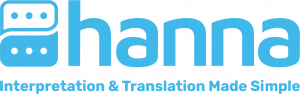 Hanna Interpreting Services Logo, blue with text bubble icons.