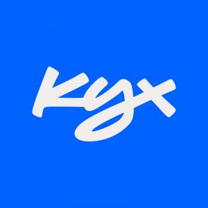 A cursive White Kyx logo on a blue background