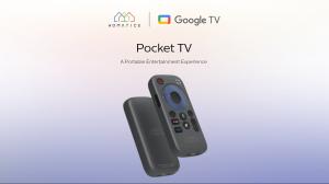 Homatics Pocket TV connected to RayNeo XR glasses, showcasing a compact, portable Google TV player providing an immersive cinematic experience.
