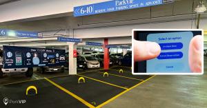 ParkVIP's parking system at Glendale Galleria with steps to reserve a spot and a close-up of the app interface showing reservation options.